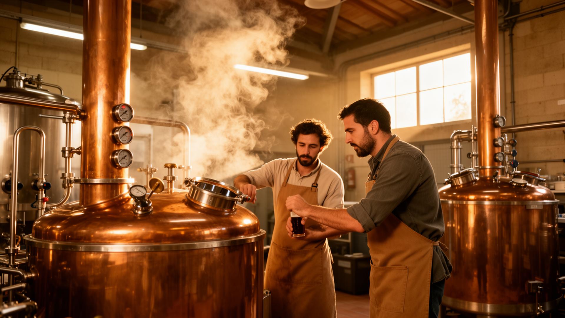 Cerveseros artesanos trabajando en una cuba de cobre durante la elaboración